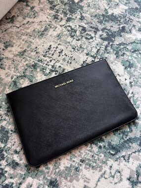 Michael Kors Black Leather Laptop / Tablet Sleeve Pouch Gold Logo